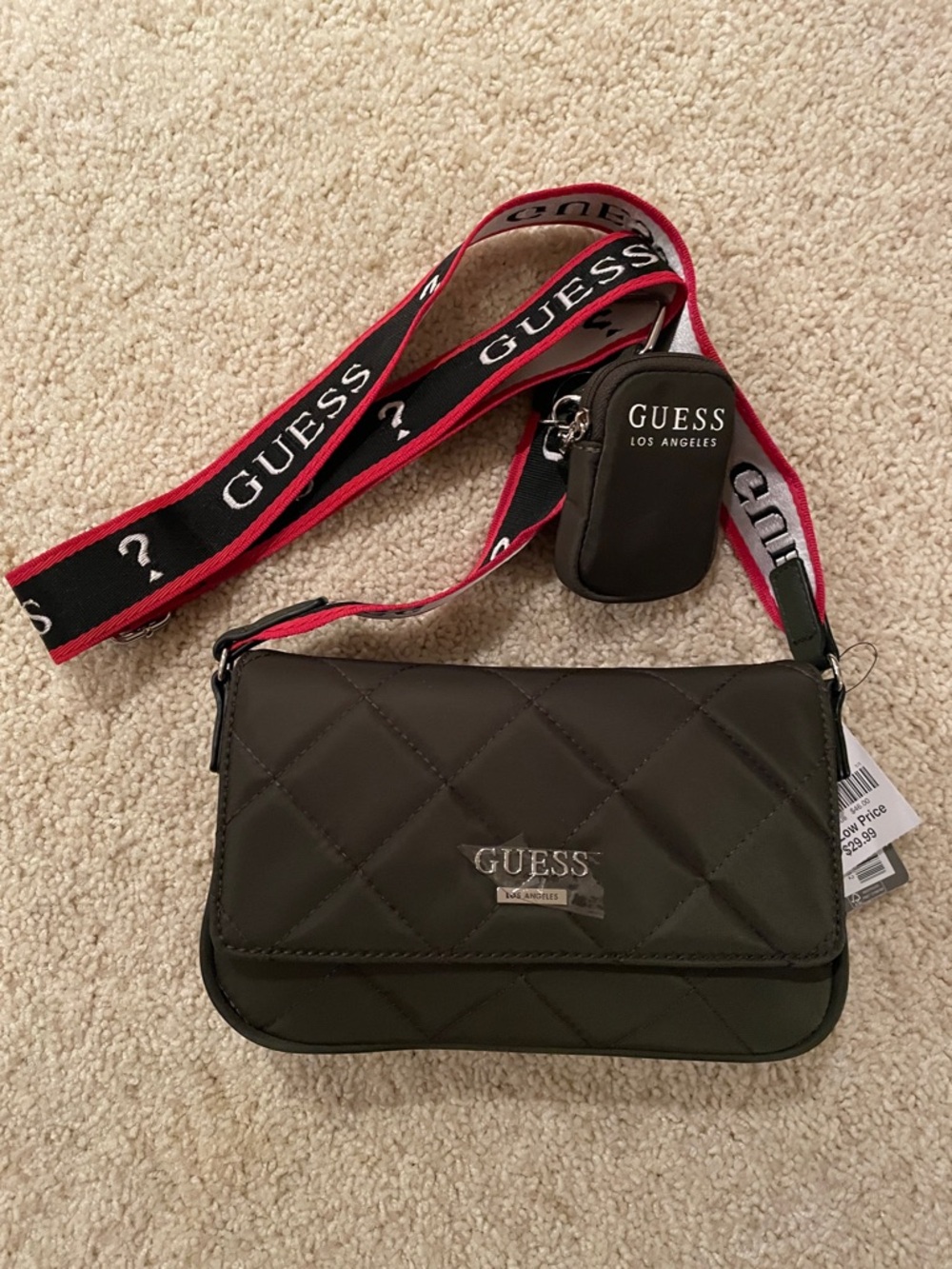 Guess Olive Green Mini Crossbody with Black, Red & White Logo Strap